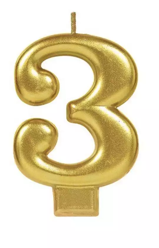 Three candle topper 5.5 Gold 3 number cake candle